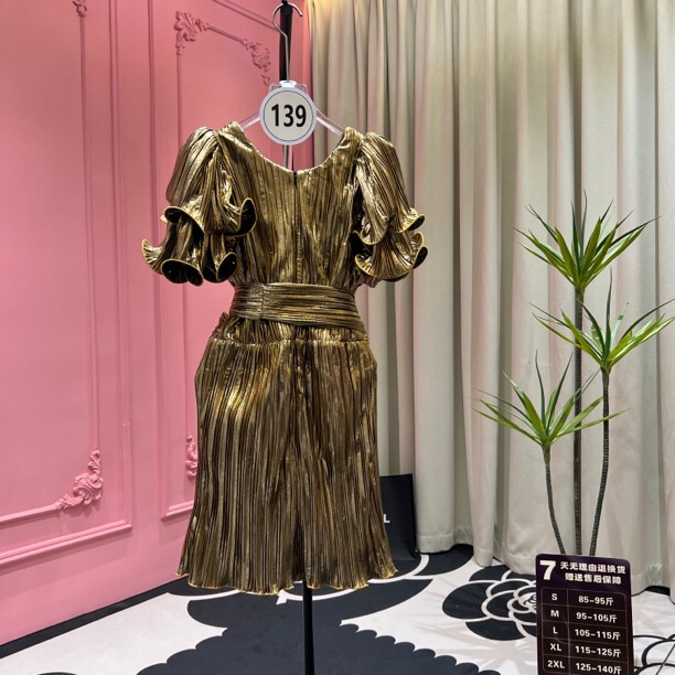 3541 European and American Goddess Elegant Celebrity Banquet Dress Retro Court Style Golden Waist Slimming Pleated Dress