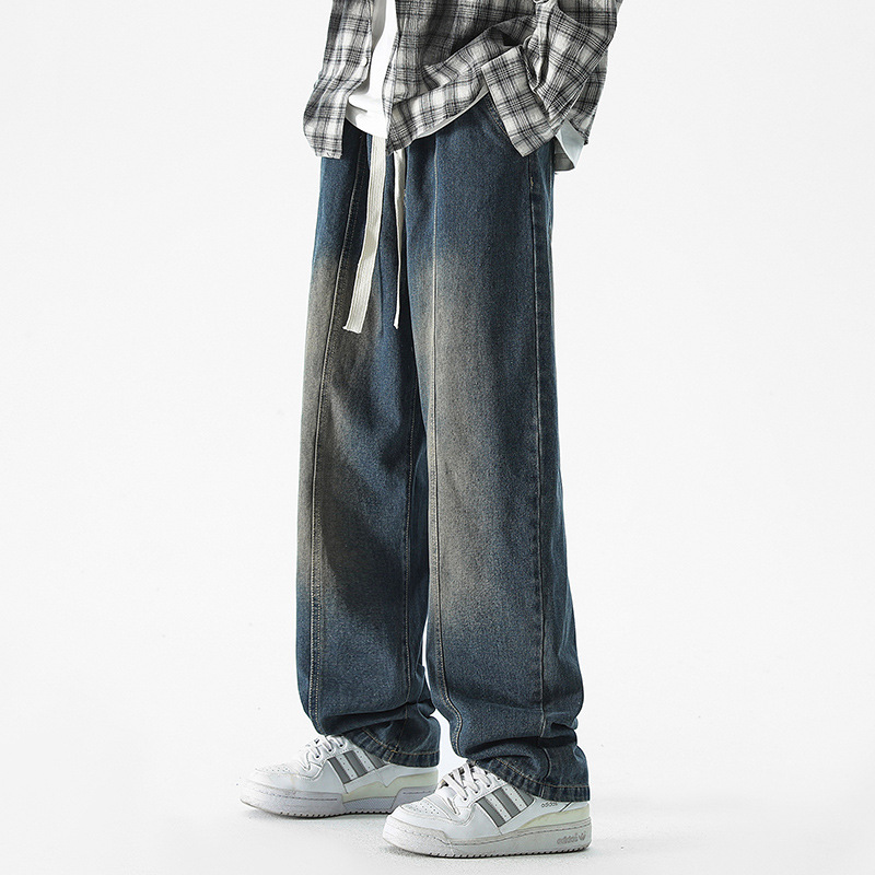 水洗做旧牛仔裤男款春秋季潮牌宽松直筒阔腿裤男生拖地休闲长裤男