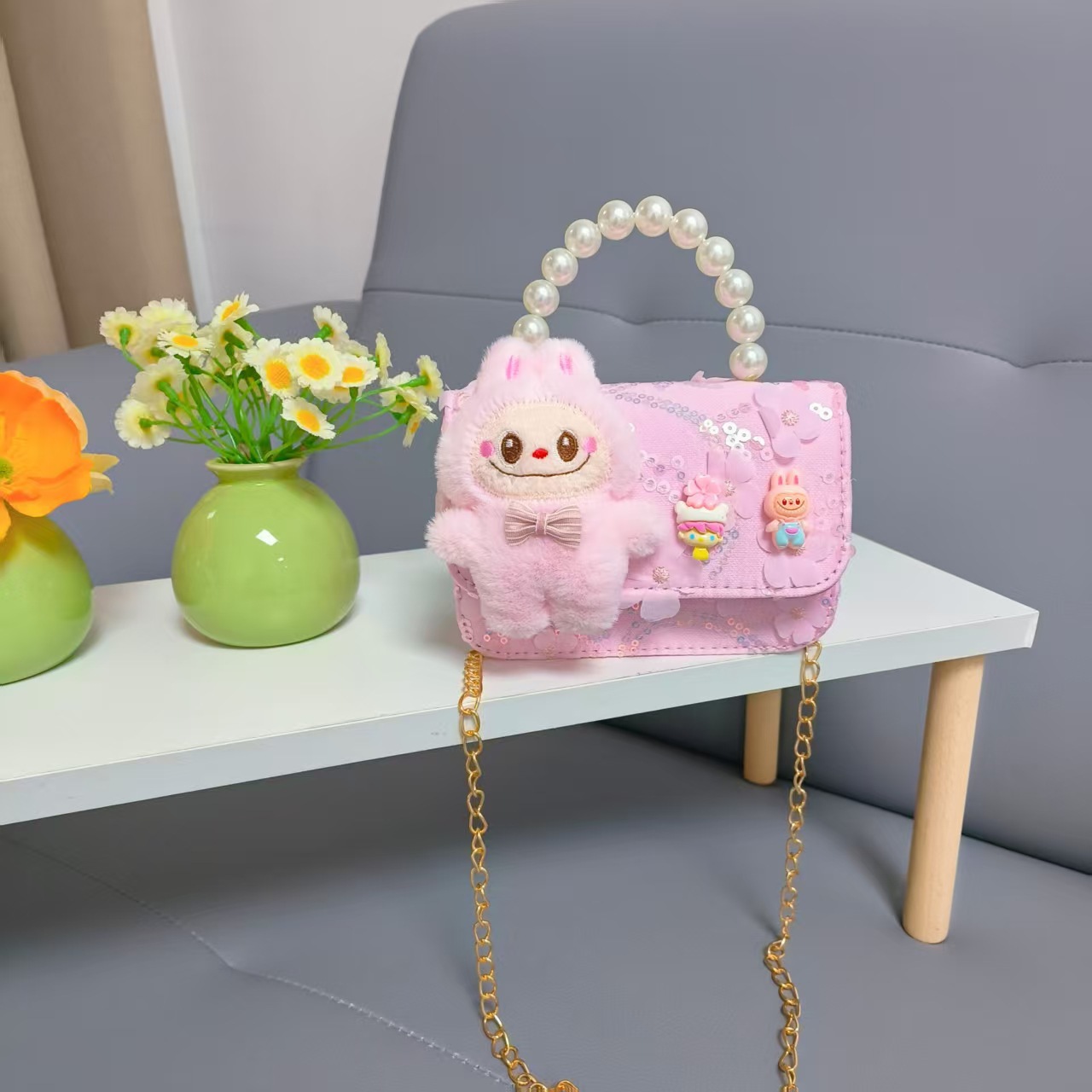 Niños perlas bolsos portátiles de princesa bolsos de cinturón de viento fragante bolsos de Año Nuevo de chicas bolsos de arco de cadena bolsos pequeños