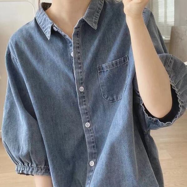 Lantern Sleeves, Simple Design, Niche Style, Loose-Fitting Five-Quarter Sleeve Denim Shirt for Women, Slimming Top, Retro Summer New Style Lantern Sleeves, Simple Design, Niche Style, Loose-Fitting Five-Quarter Sleeve Denim Shirt for Women, Slimming Top, Retro Summer New Style