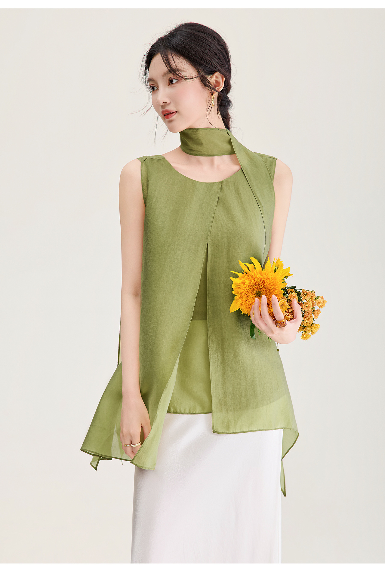 Áo hai dây nữ chất liệu satin phối dải ruy băng và tà bất đối xứng — xanh lá cây chi tiết 20