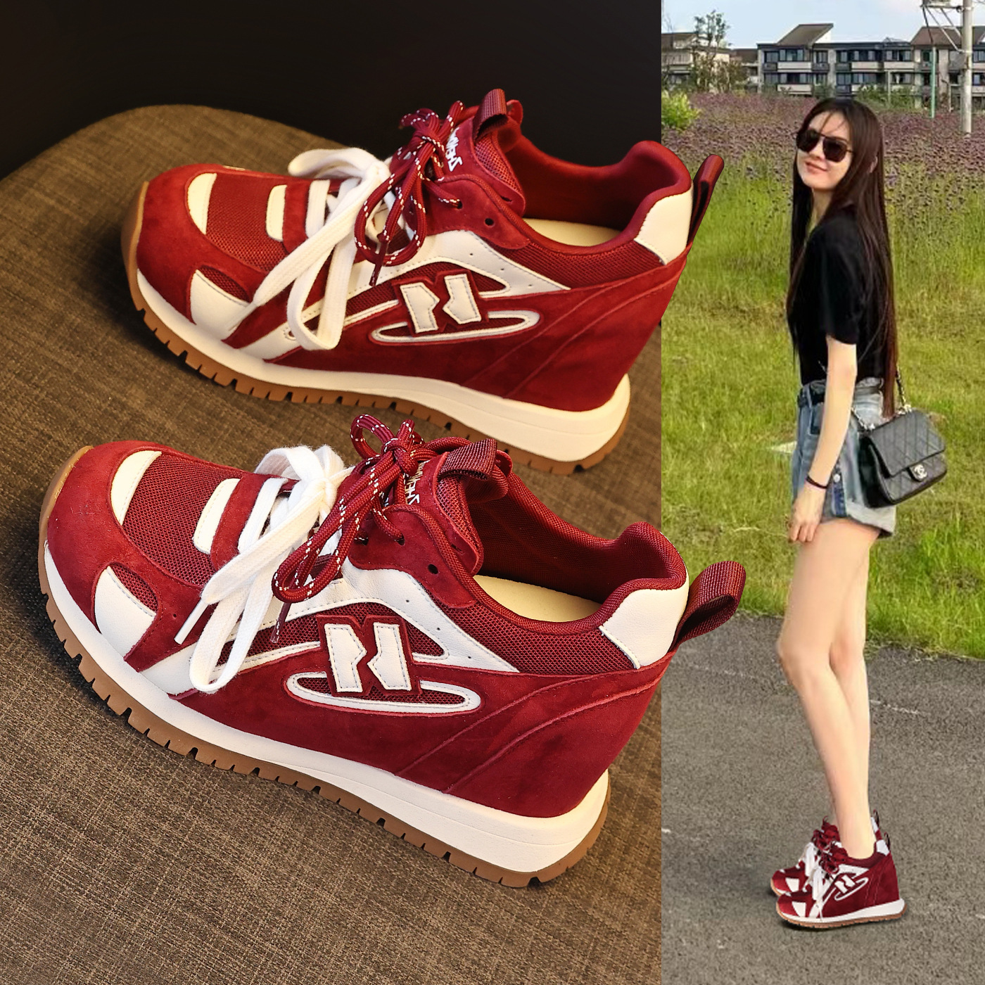 Giày sneaker nữ đế dày tăng chiều cao phong cách thể thao — màu be