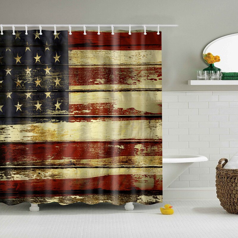 American Flag Shower Curtain Retro Fourth of July Independence Day Fabric Waterproof Shower Curtain Bathroom Rustic Digital Printed Polyester