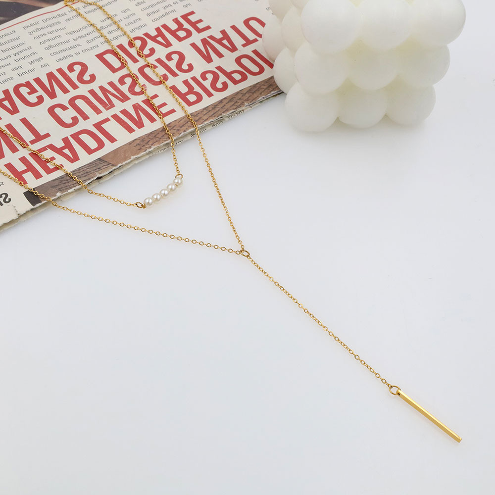 Elegant Fashion Simple Style Double Layered Fringe Pearl Stainless Steel Necklace