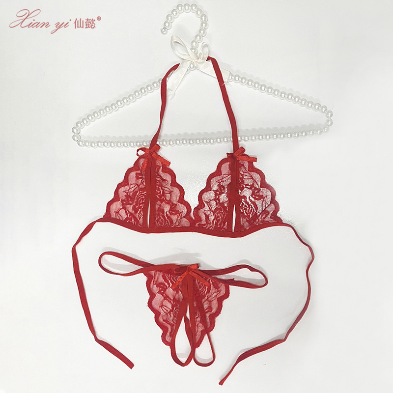 Xianyi Sexy Lingerie Three-Point Style Sexy Lace Crotchless Thong Bra Passionate Temptation Pure Desire Set for Women K8
