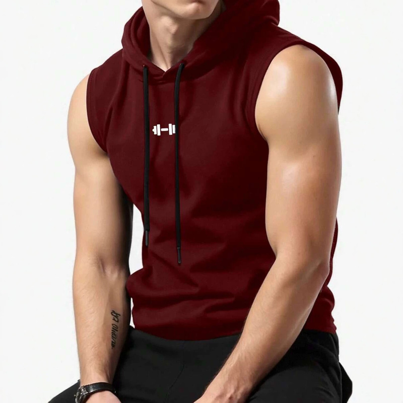 Cross-Border Men's Summer Hooded Sleeveless T-Shirt with Dumbbell Print Fitness Sports Vest Cross-Border Men's Casual Top