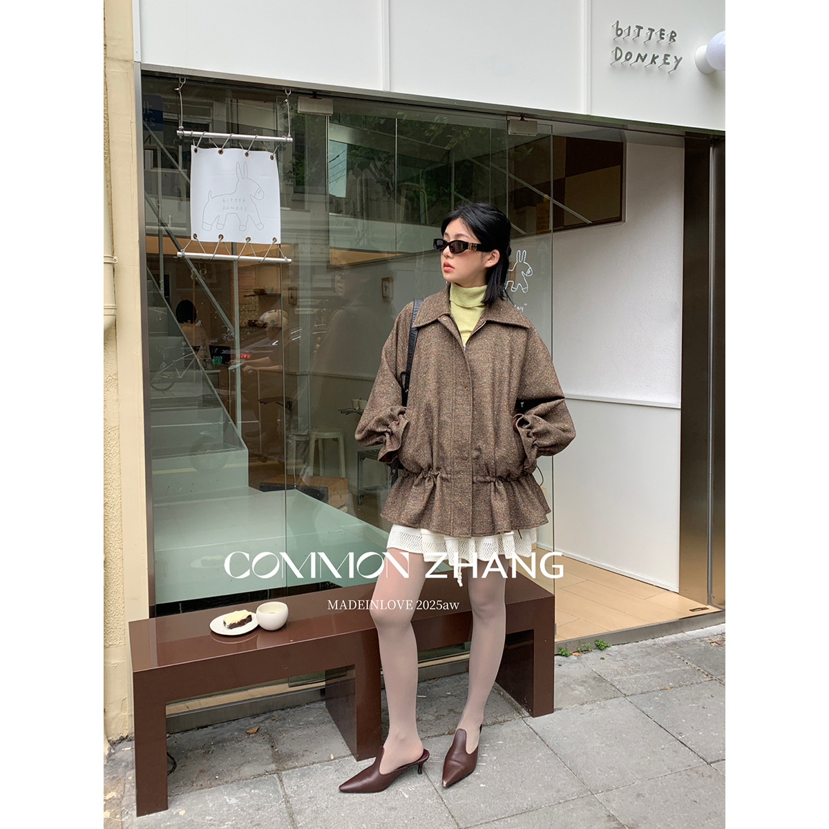 Cz Zhang Autumn Wool Tweed Drawstring Waist Outwear Women's Mid-Length Loose Casual Outwear B39897