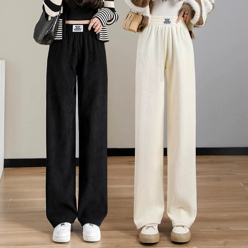Вельветовые широкие брюки женские осенние и зимние высокие талии тонкие, плюшевые толстые повседневные брюки черные прямые свободные брюки