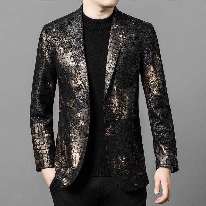 Genuine Leather Men's Suit Sheepskin Printed Crocodile Pattern Suit Jacket Top Haining Trendy Business Single Leather