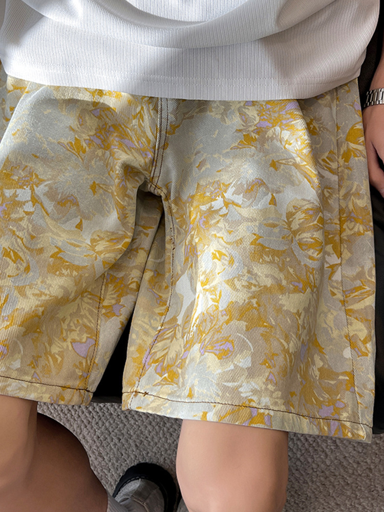 满印碎花牛仔短裤男夏季薄款宽松直筒休闲中裤潮牌美式阔腿五分裤