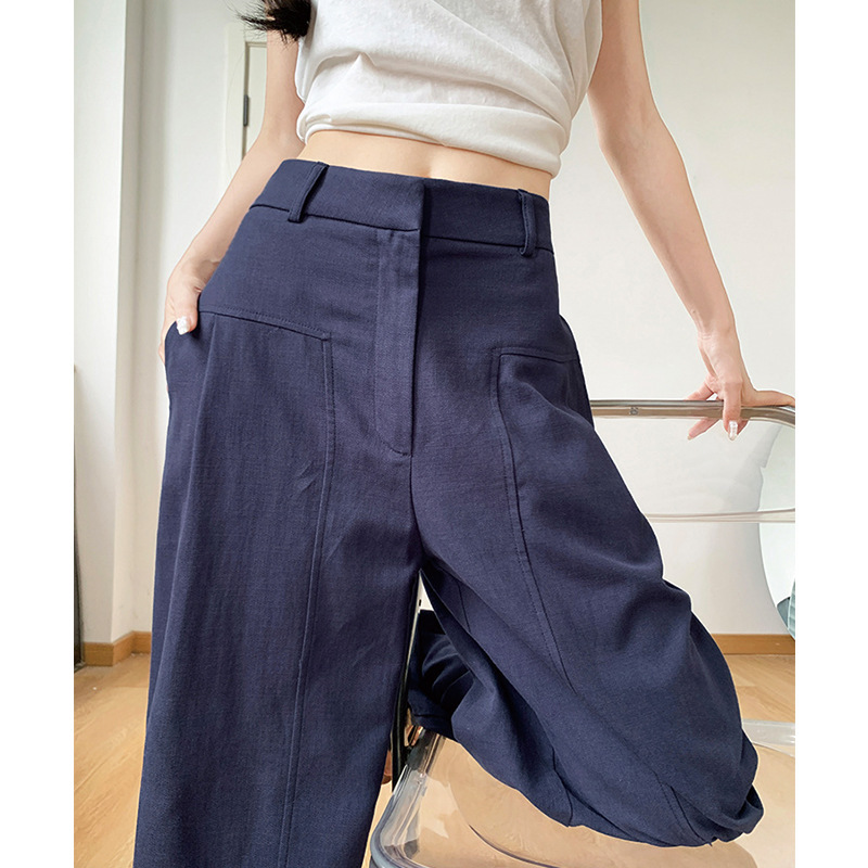 Navy Blue Ramie Textured Suit Pants for Women, High-Waisted Straight Pants, Old Money Style Loose Slimming Cotton and Linen Wide-Leg Pants