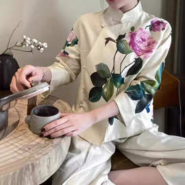 2024新中式国风定位花玫瑰立领斜襟气质优雅灵动小巧通勤女士衬衫