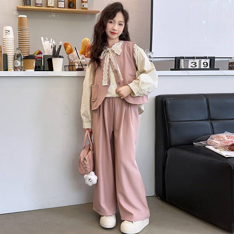 女童秋装套装2025新款大童秋季时髦潮范衬衫马甲阔腿裤女孩三件套|undefined