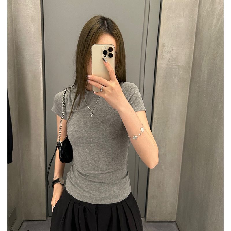 My musical products* Women's clothing series waist-closed front shoulder short-sleeved T-shirt casual and versatile solid color round neck slimming body