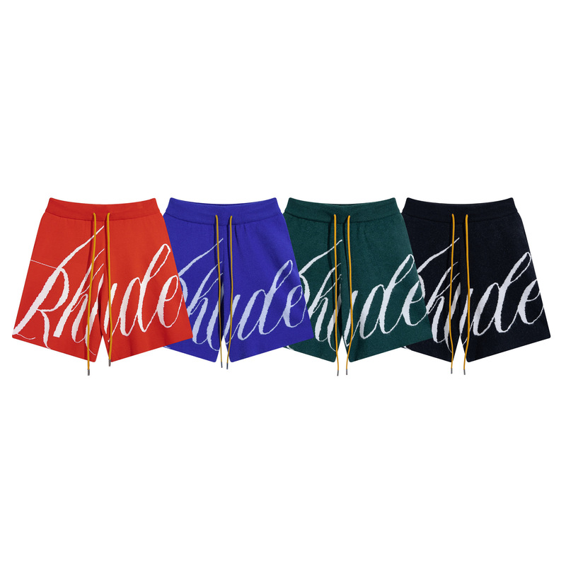 2024 American Trendy Brand Rhude Letter Logo Jacquard Drawstring Knitted Wool Men's and Women's Casual Loose Shorts 2024 American Trendy Brand Rhude Letter Logo Jacquard Drawstring Knitted Wool Men's and Women's Casual Loose Shorts