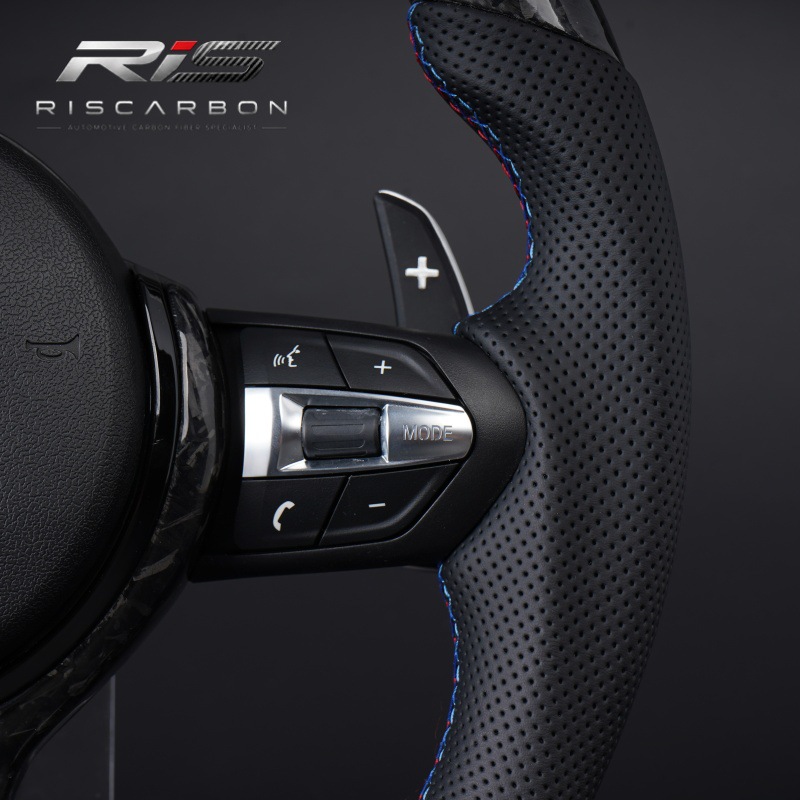 Black forged carbon fiber flat-bottom steering wheel compatible with BMW F30F10F11F15F16F20F25F18