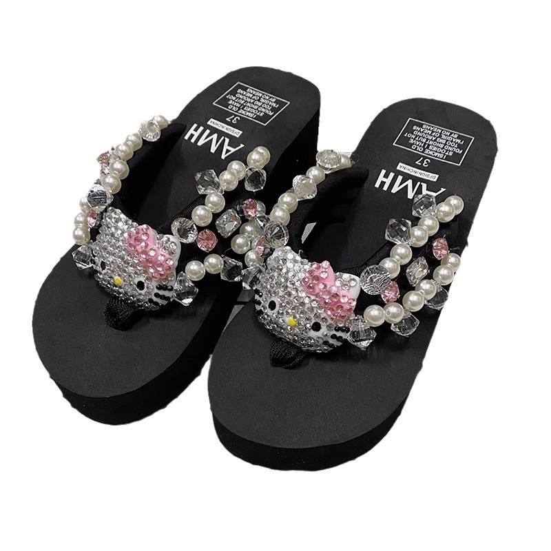 Trendige, niedliche Katzen-Plateau-Flip-Flops für Damen, modische Strass-, Edelstein- und Perlenverzierungen, exklusive Strandsandalen (unabhängige Website)._voghion.com