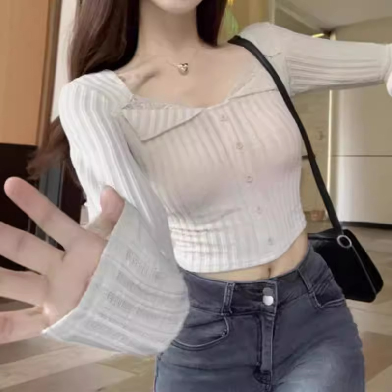 Sweet and lovely square collar lace striped sweater women's 2024 spring new gentle style lazy high-end top