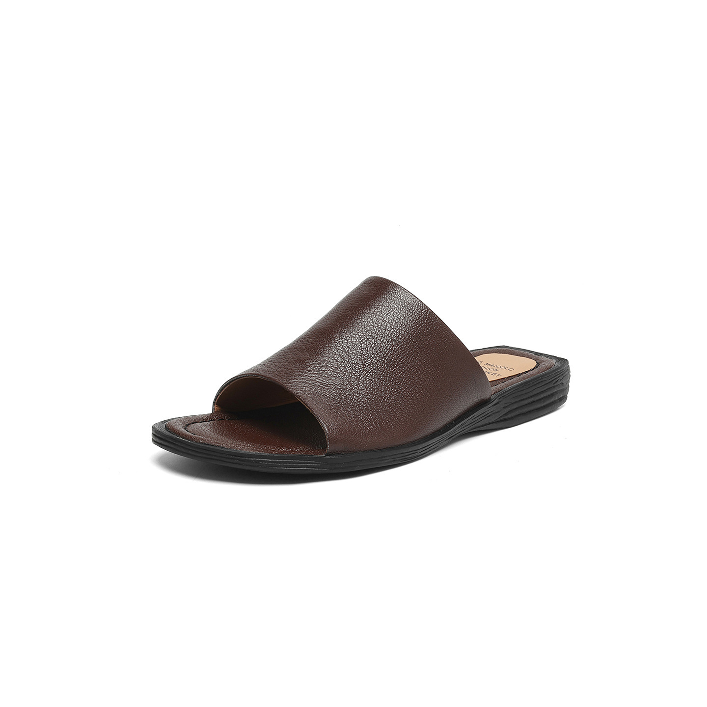 Sandal hở mũi nữ gót thấp da dê mũi vuông quai ngang — màu nâu