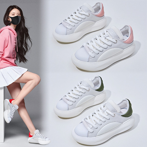 Absorbent sole genuine leather women's shoes 2024 spring new women's sneakers all-match casual shoes thick sole heightening white shoes for women