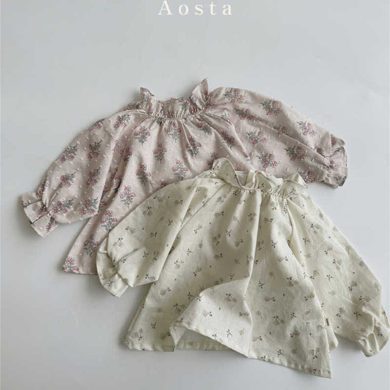 2026 New Korean Style Girls' Floral Print Cotton Baby Shirt with Lace Collar, Doll Style