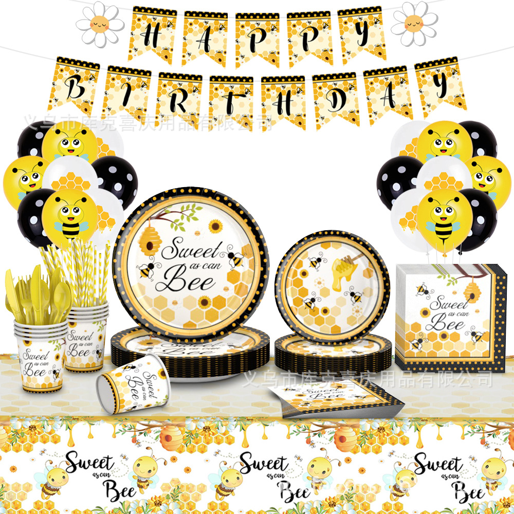 Amazon primavera abeja tema fiesta bandeja de papel desechable tazas de papel toallas de papel cubiertos set de decoración de cumpleaños para niños