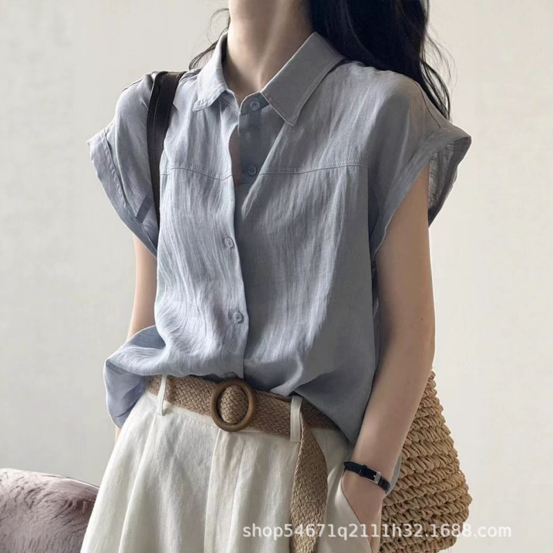 2026 Summer High-End Blue Short-Sleeve Shirt for Women, Summer Commuting Outfit, Blouse with Small Flutter Sleeves, Sleeveless Top with a Sense of Sophistication