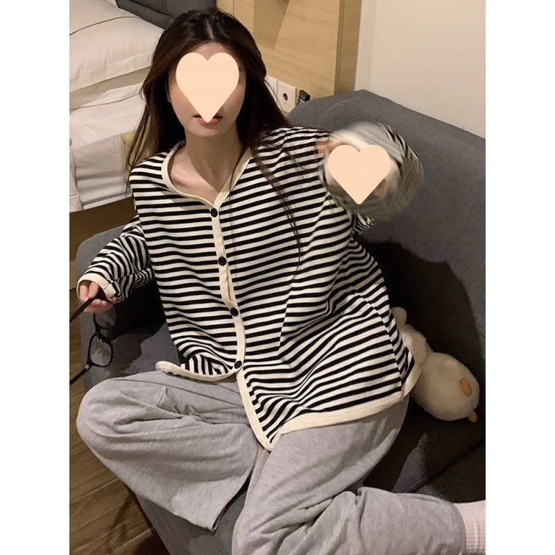 條紋睡衣女款秋冬季長袖新款春秋款休閒少女網紅可外穿家居服套裝