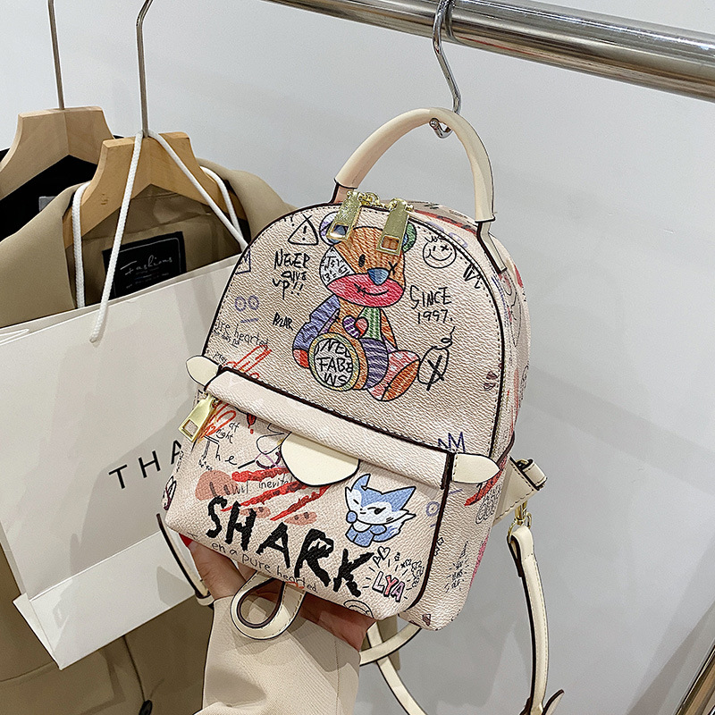 New Fashionable And Stylish Cute Little Bear Graffiti Printed Backpack Internet Celebrity Trendy Handbag Simple Backpack_voghion.com