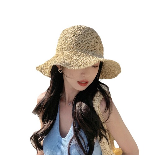 Straw Hat with Lace Butterfly Knot Lattice Handmade Crochet Summer Sunshade Sun Hat Fashion Bucket Hat