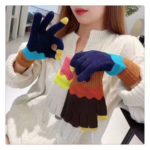 Contrast color warm student wool touch screen gloves winter Korean knitted cute cartoon color plus velvet cycling couple