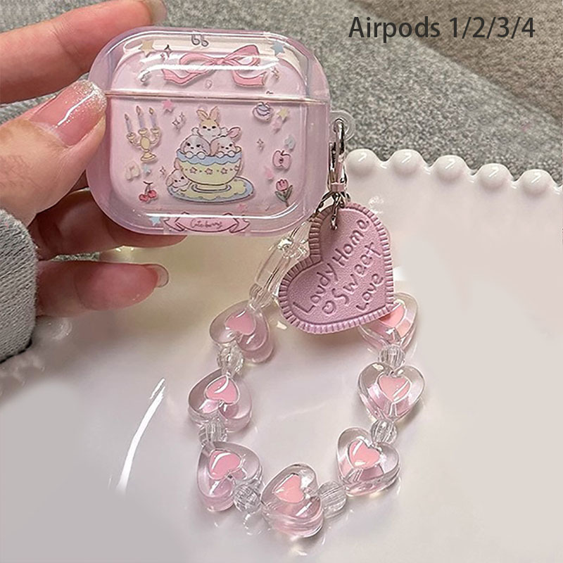 Cute Teacup Rabbit Suitable for Apple Headphone Shell Airpodspro2 Protective Cover 2Nd Generation Transparent 3Rd Generation Heart Pendant