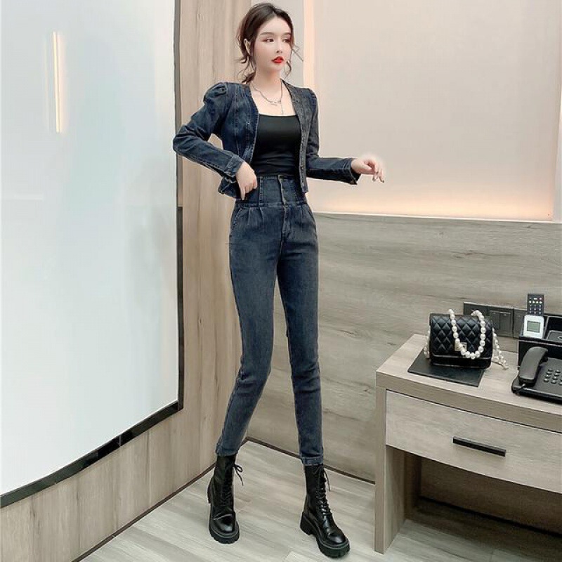 Women's clothing 2023 Spring and Autumn New French fashion long-sleeved coat top high waist slimming Denim trousers suit fashion