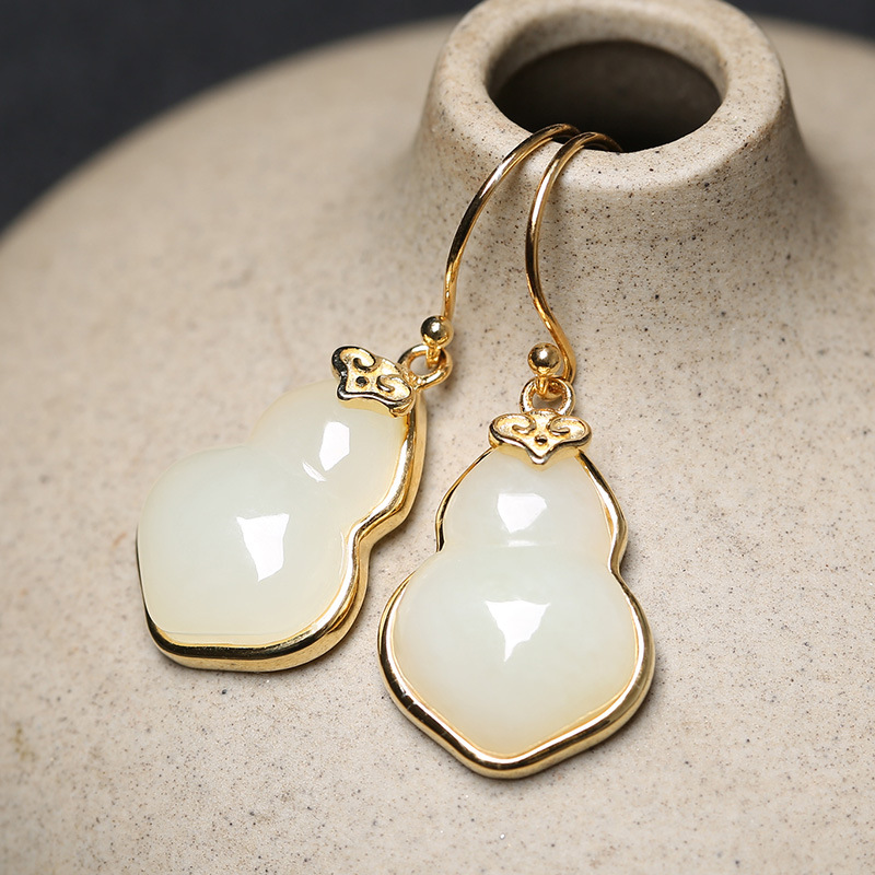 智贝主图_1和田白玉葫芦耳坠金镶玉S925纯银耳钩送妈妈母