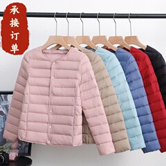新しい女性のショート軽量ダウンコットンコート、ノーカラーインナーウェア、コットンライナー、スリムフィット、ラウンドネックサーマル下着