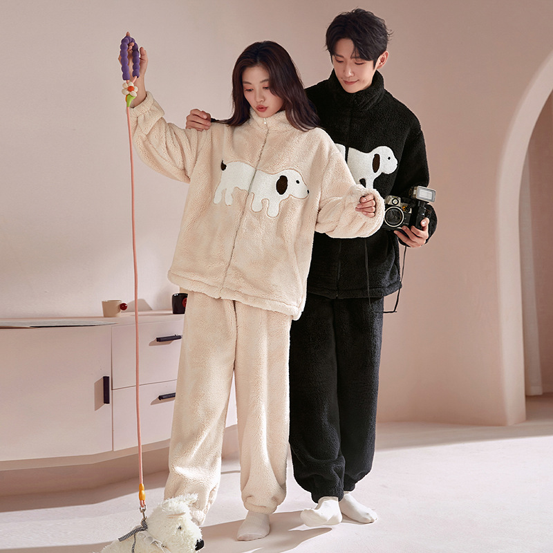 2025 Winter New Coral Fleece Couple Pajamas Winter Flannel Thickened Fleece Zipper Stand Collar Zipper Set