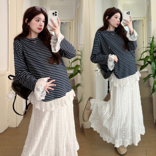 in stock Pregnant Women's suit Loose Lazy Style Lace Stitching Contrast Color Stripe T Western Style Dress Hot Mom suit Fashion