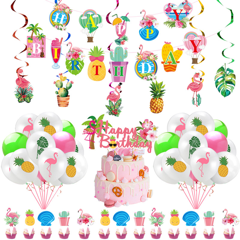 Verano tema hawaiano flamenco piña fiesta vajilla desechable bandeja de papel taza de papel bandera suministros de mantel