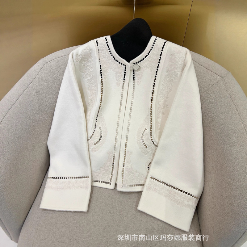 欧洲站2025秋冬新款刺绣镂空圆领重工羊绒中长羊毛呢大衣外套女|undefined