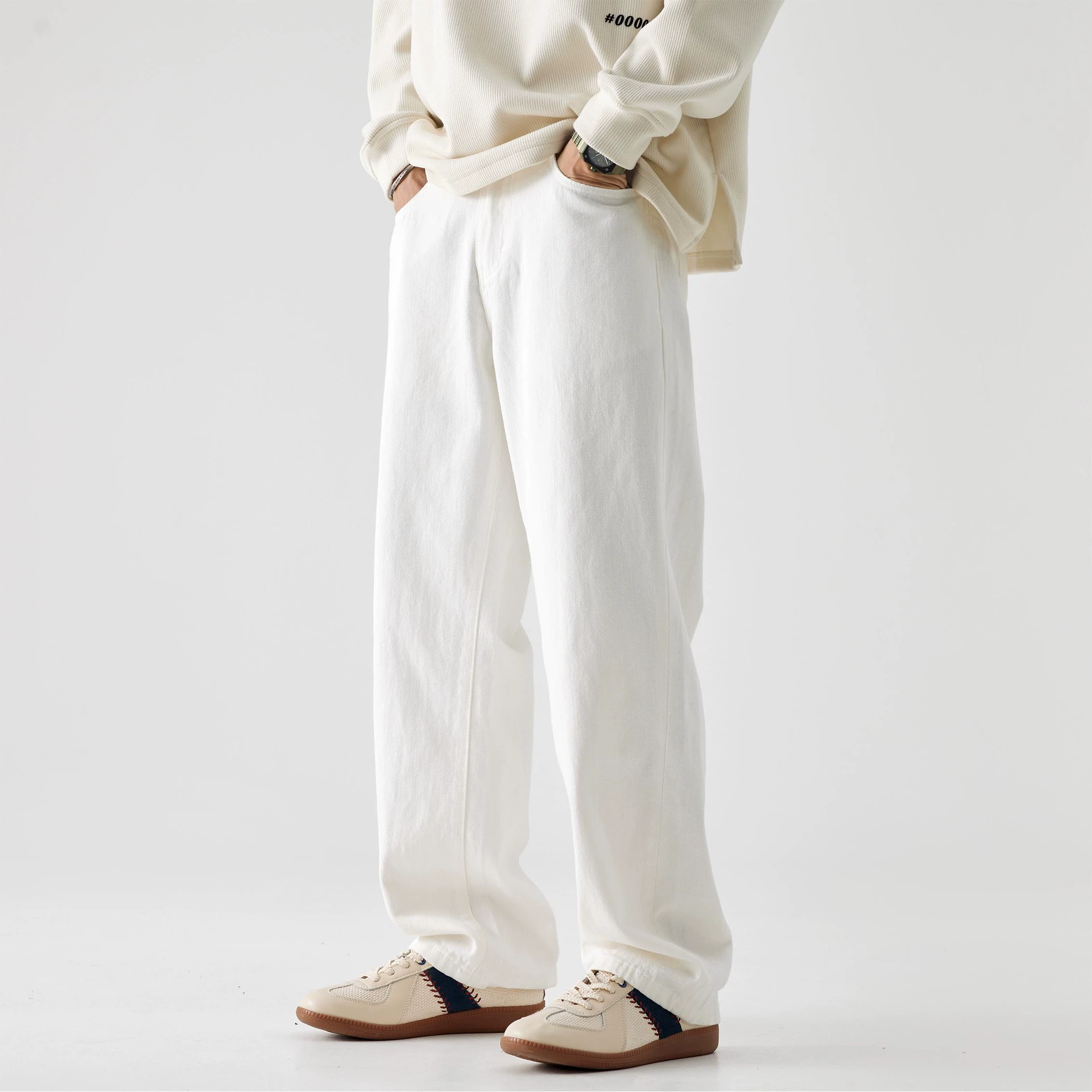 Американские высокие улицы белые хлопчатобумажные джинсы мужские свободные прямые подвески осенний прилив марки vibe широкие ножки длинные брюки