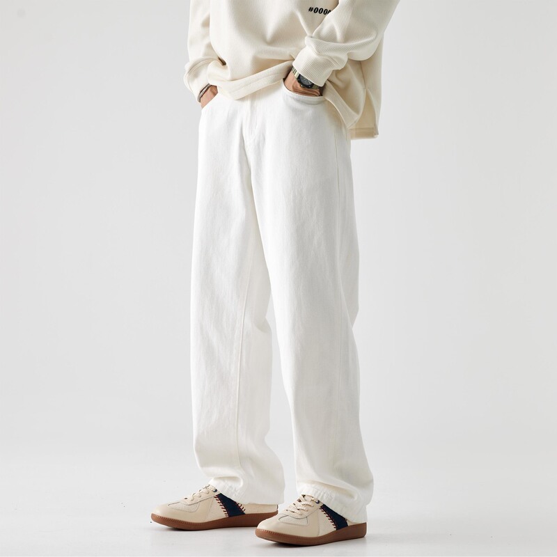 American-style High Street White Cotton Jeans Men's Loose Straight Tube Draped Autumn Fashion Brand Vibe Wide-leg Long Pants