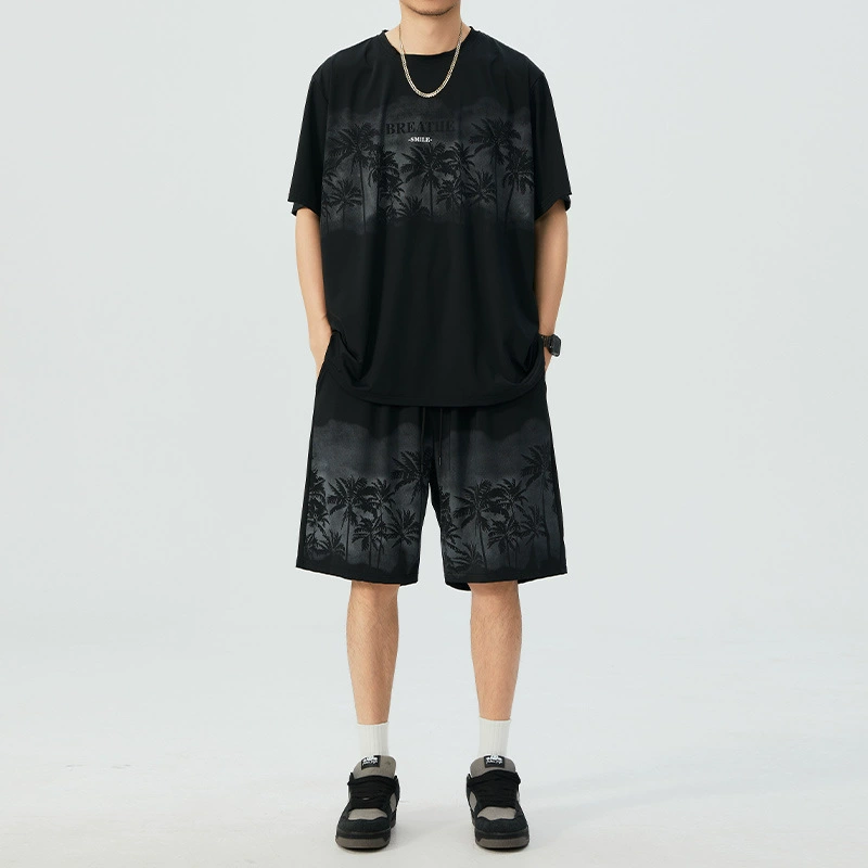 Мужской костюм из ледяного шелка большого размера с короткими рукавами, модная европейская и американская быстросохнущая одежда с ощущением льда, а также толстая и эластичная трансграничная спортивная и повседневная одежда.