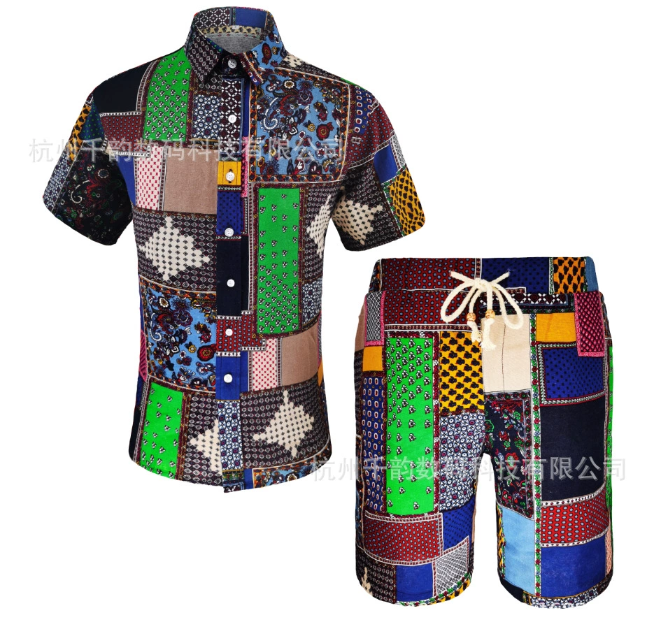 Новинка 2025: модный мужской комплект для внешней торговли — свободная рубашка с коротким рукавом в этническом стиле и шорты, оптом.