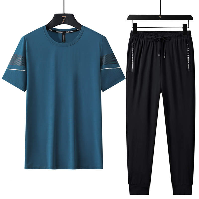 Trajes deportivos de seda de hielo de verano para hombres, mangas cortas, pantalones cortos, pantalones largos, carreras casuales, secado rápido, delgado, conjunto de tres piezas al por mayor