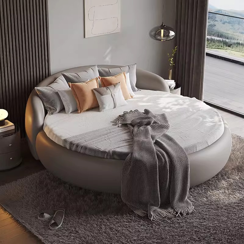Circular bed made of leather, modern and minimalist hotel guest room or home stay, suitable for couples, double bed, 2.2 meters in size