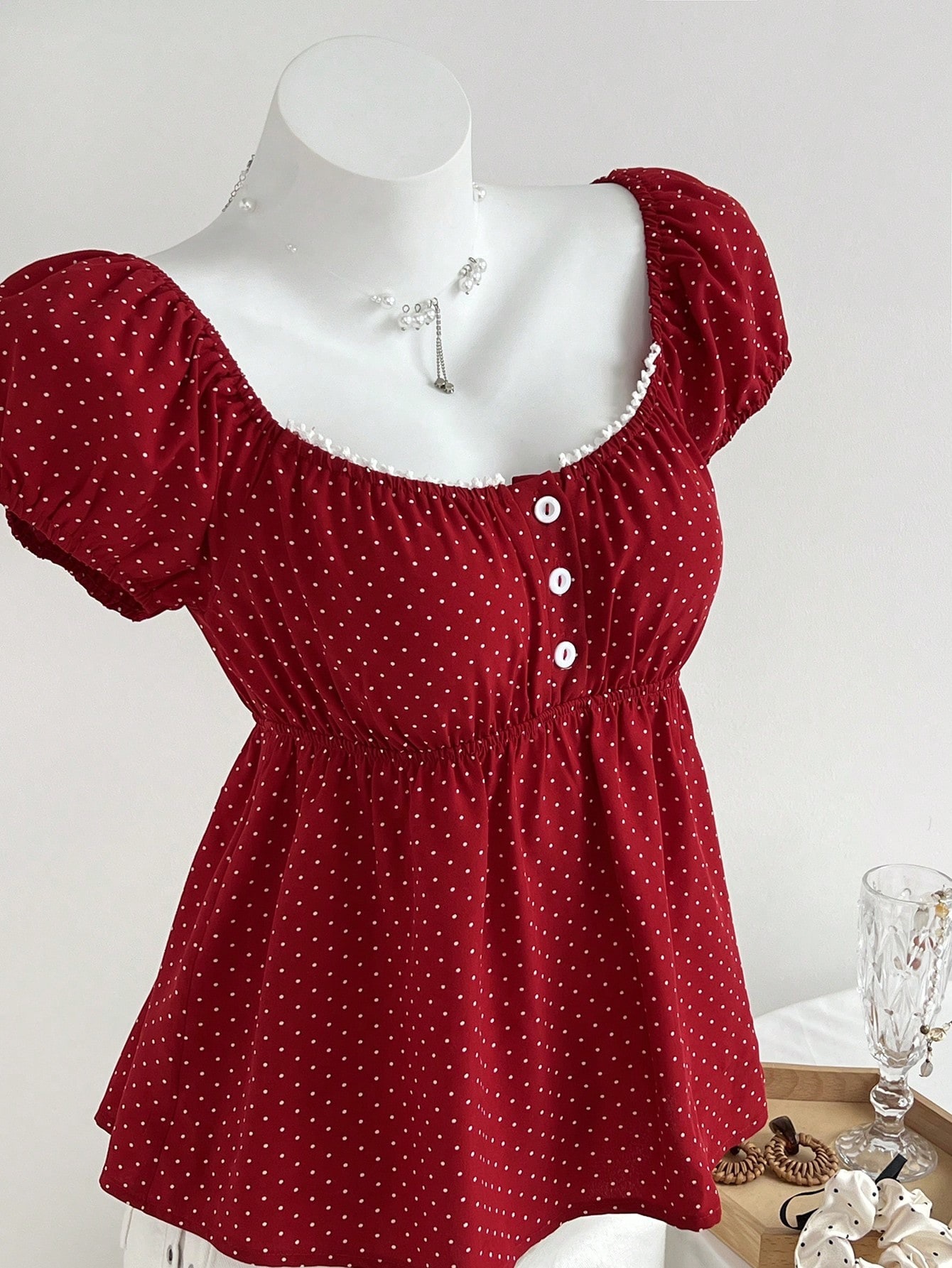 Women's Summer Elegant French Style Waist Cinching Short Sleeve Square Neck Polka Dot Shirt_ecoleips.com