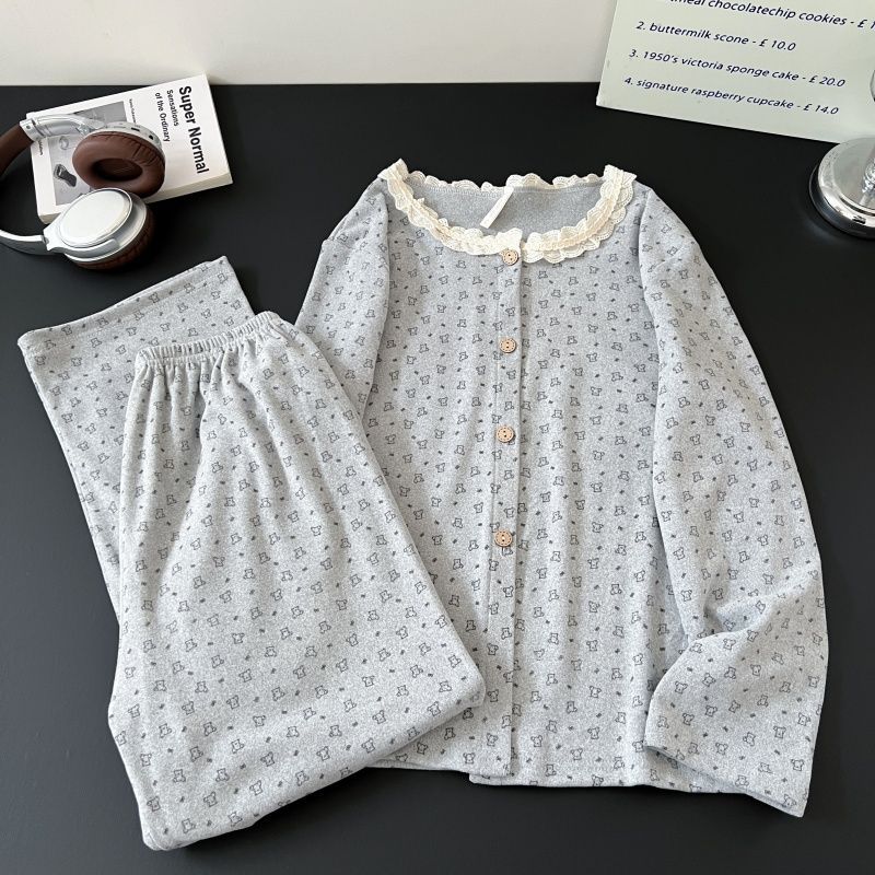 Al por mayor transfronterizo de ternilla osos pijamas mujeres otoño invierno encaje cuello redondo nuevo cálido manga larga dulce abrigo de ropa para el hogar
