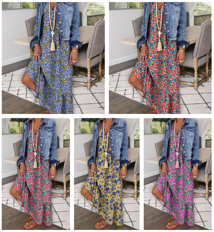 Meilleures ventes de vêtements féminins printemps/été en Europe et aux États-Unis : robe longue à bretelles et col en V, imprimé bohème, idéale pour la plage_voghion.com