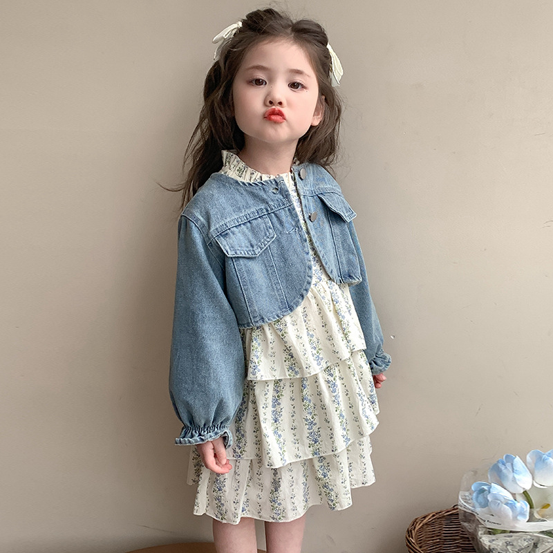 Conjunto de dos piezas para niña falda vaquera con estampado floral – moda primavera-otoño.