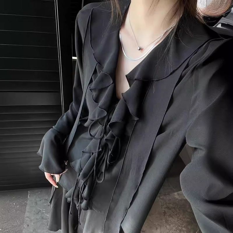 Lazy Style Sun Protection Blouse Niche High-End Black V-Neck Asymmetrical French Ruffled Chiffon Shirt for Women